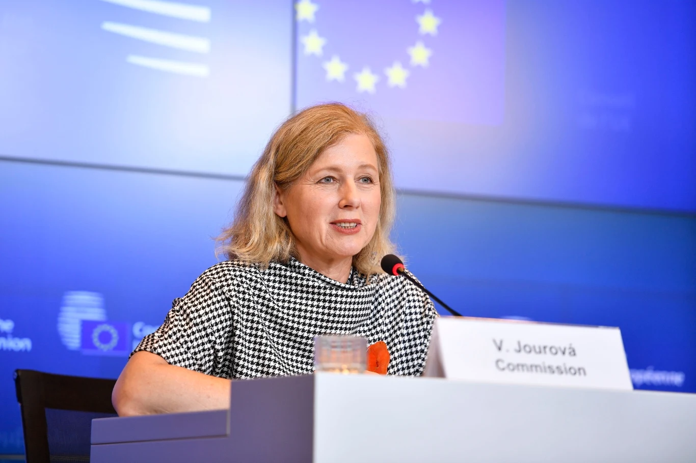 Kobieta o jasnych włosach siedzi przy stole konferencyjnym, przed mikrofonem i tabliczką z nazwiskiem, na tle niebieskiej ściany z flagą Unii Europejskiej.