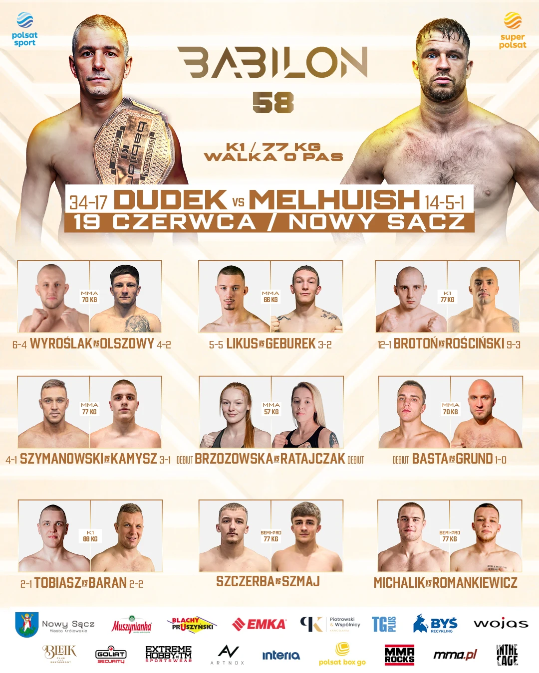 Plansza promująca galę Babilon 58 z walką wieczoru Dudek vs Melhuish o pas mistrzowski K1 w wadze 77 kg oraz zestawieniem pozostałych pojedynków turnieju wraz ze zdjęciami zawodników, ich bilansami i nazwiskami.