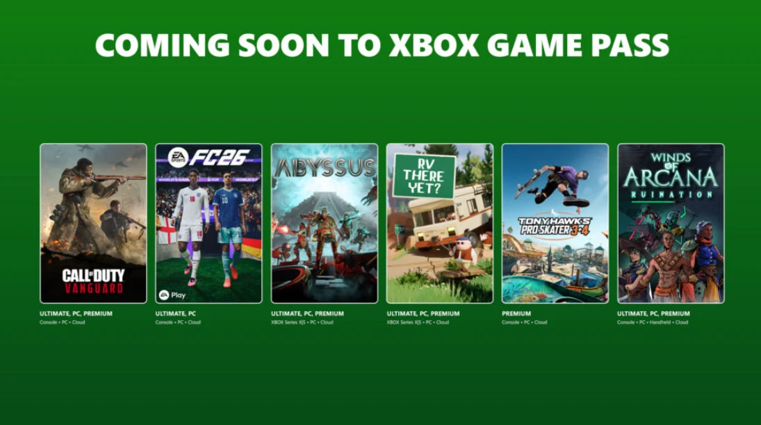 Zapowiedzi nowych gier dostępnych w Xbox Game Pass, w tym Call of Duty: Vanguard, EA Sports FC 24, Abyssus, RV There Yet?, Tony Hawk's Pro Skater 1+2 oraz Winds of Arcana: Ruination, wszystkie zaprezentowane przez okładki na zielonym tle.