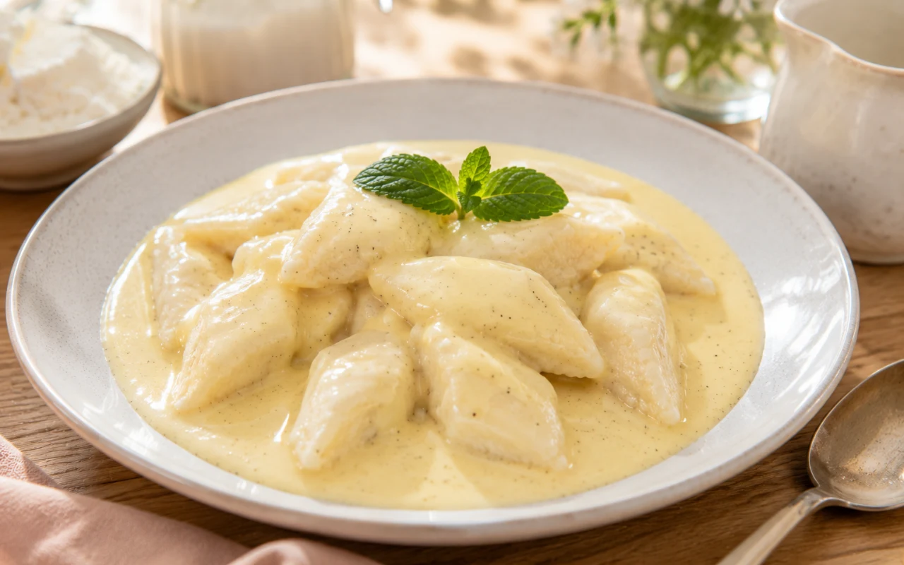 Pierogi leniwe z sosem waniliowym Pierogi leniwe z sosem waniliowym, na białym talerzu, w jasnej kuchni