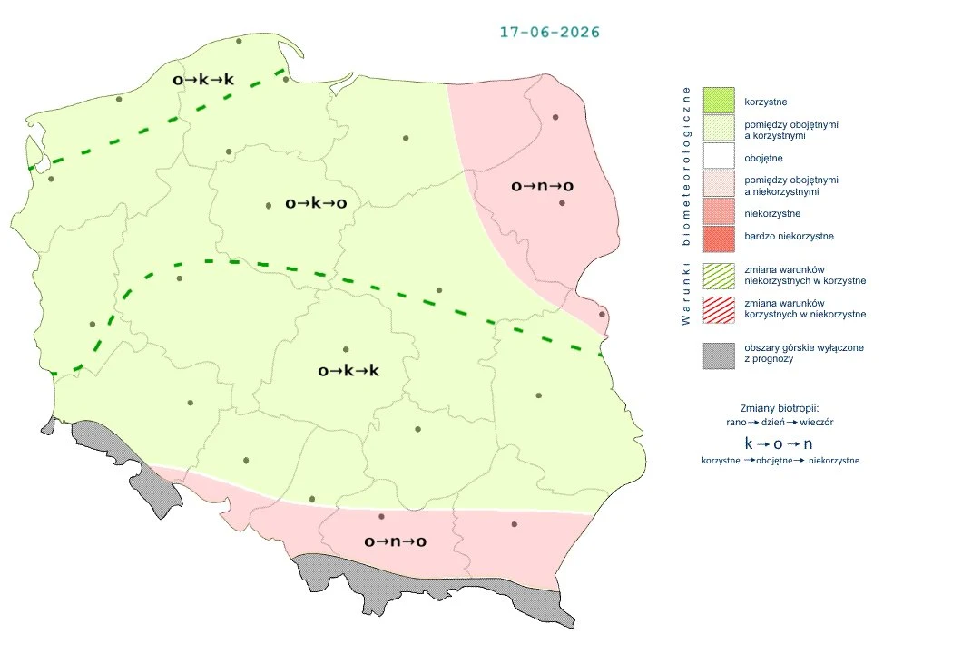 W zdecydowanej większości kraju pogoda będzie korzystnie wpływać na nasz organizm, jednak podczas burz warunki zdecydowanie się pogorszą Mapa Polski z podziałem na strefy bioklimatyczne, oznaczona kolorami według korzystności warunków pogodowych dla zdrowia; zielony obszar wskazuje korzystny bioklimat w większości kraju, natomiast południowo-wschodnia i północno-wschodnia część oraz pas...