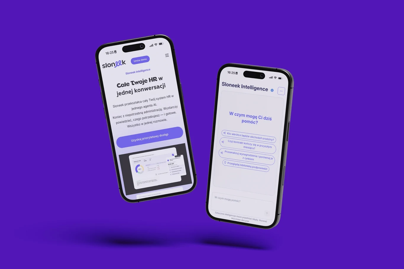 Dwa nowoczesne smartfony z wyświetlonym interfejsem aplikacji HR na fioletowym tle, prezentujące ekran powitalny oraz menu głównych funkcji narzędzia Slonok Inteligencje.