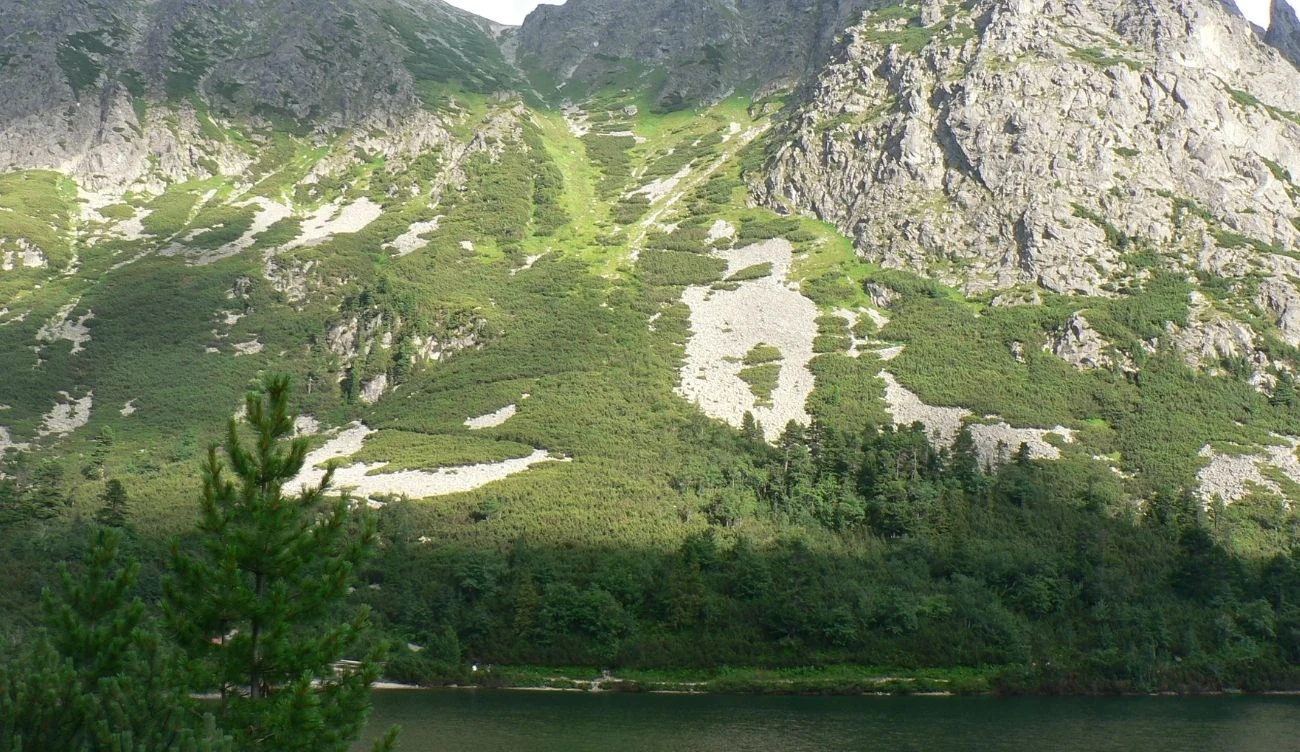 Przełęcz pod Osterwą jest jednym z najwyższych punktów Magistrali Tatrzańskiej Widok na Przełęcz pod Osterwą. Na dole jezioro, nad którym widoczne są zielone i skalne zbocza Tatr.