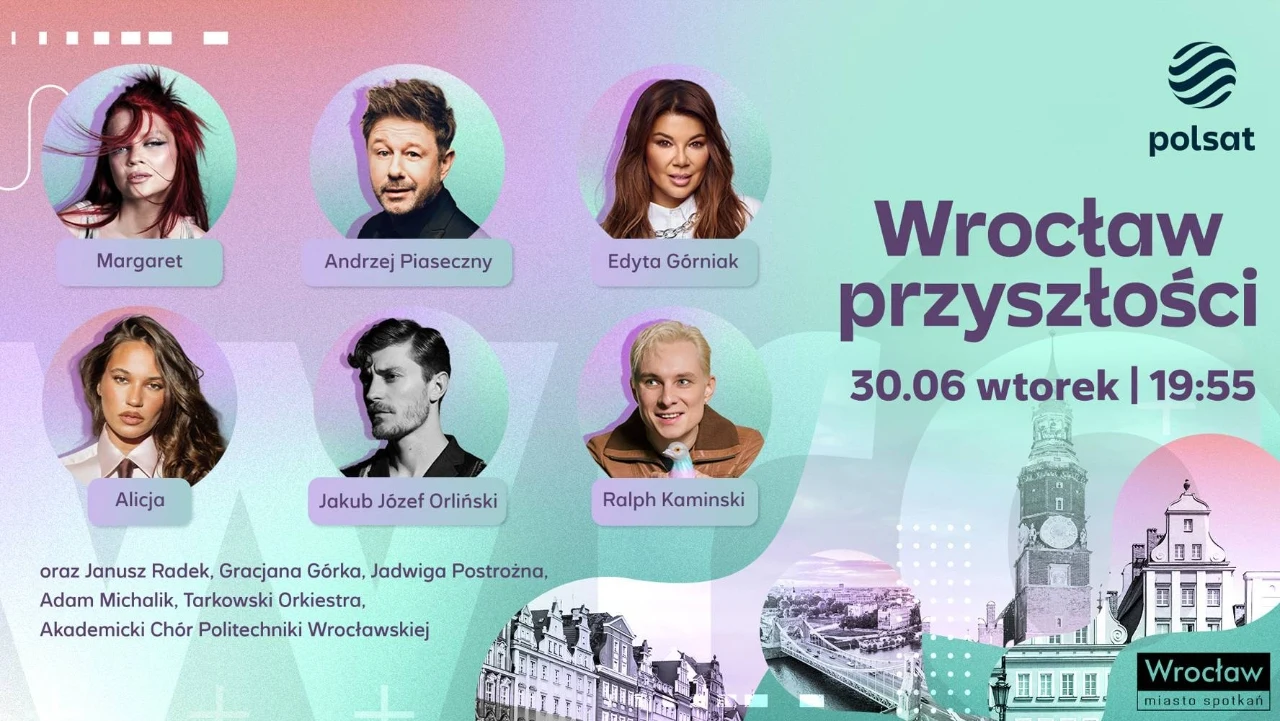 "Wrocław Przyszłości" w Polsacie. Muzyczne widowisko, w którym klasyka spotyka pop i nowoczesność Plakat wydarzenia „Wrocław Przyszłości”, zdjęcia artystów, tytuł koncertu, data, logotyp Polsatu, ilustracje Wrocławia.
