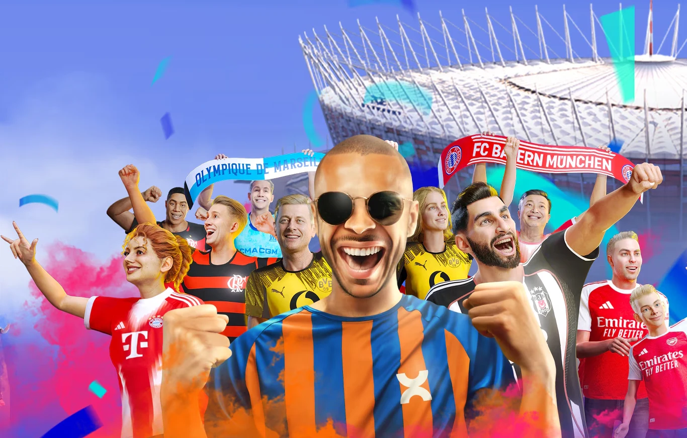 Copa City Copa City. Kibice w kolorowych koszulkach i szalikach piłkarskich zgromadzeni przed nowoczesnym stadionem.