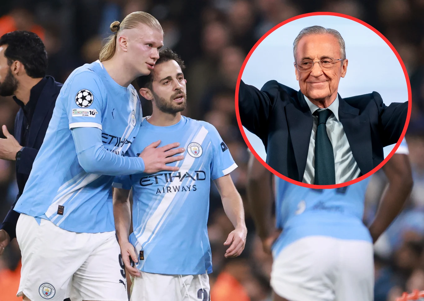 Bernardo Silva w meczu z Realem. W kółku prezes Florentino Perez Bernardo Silva i piłkarz Manchesteru City podczas meczu z Realem, obok zdjęcie Florentino Pereza w garniturze.