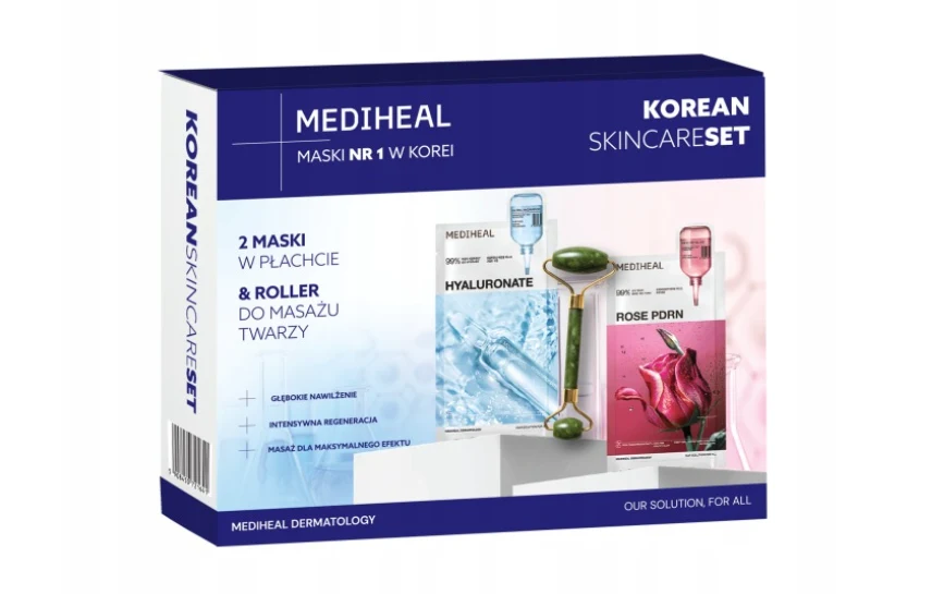 Zestaw pielęgnacyjny Mediheal Korean Skincare Set zawierający dwie maski w płachcie (Hyaluronate i Rose Porn) oraz roller do masażu twarzy, zapakowane w pudełko z dominującą kolorystyką niebiesko-białą.