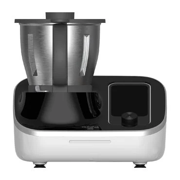 Kompaktowy robot kuchenny z dużą, metalową misą i elektronicznym panelem sterowania umieszczonym na błyszczącej, czarno-białej podstawie.