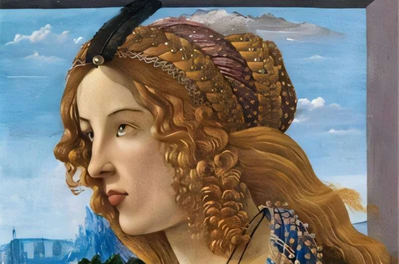 Portret młodej kobiety o jasnej karnacji i kręconych brązowych włosach, ozdobionych bogato zdobionym turbanem oraz pojedynczym czarnym piórem, na tle błękitnego nieba z pojedynczymi chmurami i odległymi górami.