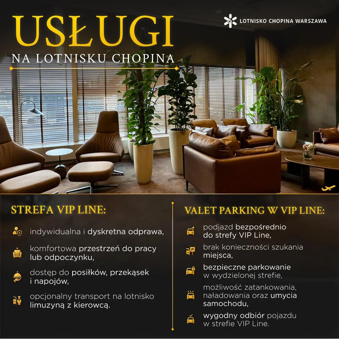 Rośnie znaczenie usług, które pozwalają podróżować spokojniej i bardziej przewidywalnie, jak Strefa VIP Line na Lotnisku Chopina w Warszawie Nowoczesny i elegancki salon VIP na Lotnisku Chopina z wygodnymi fotelami, licznymi roślinami i dużymi oknami, otoczony spokojną atmosferą, oferuje ekskluzywne usługi i komfortowy wypoczynek przed lotem.
