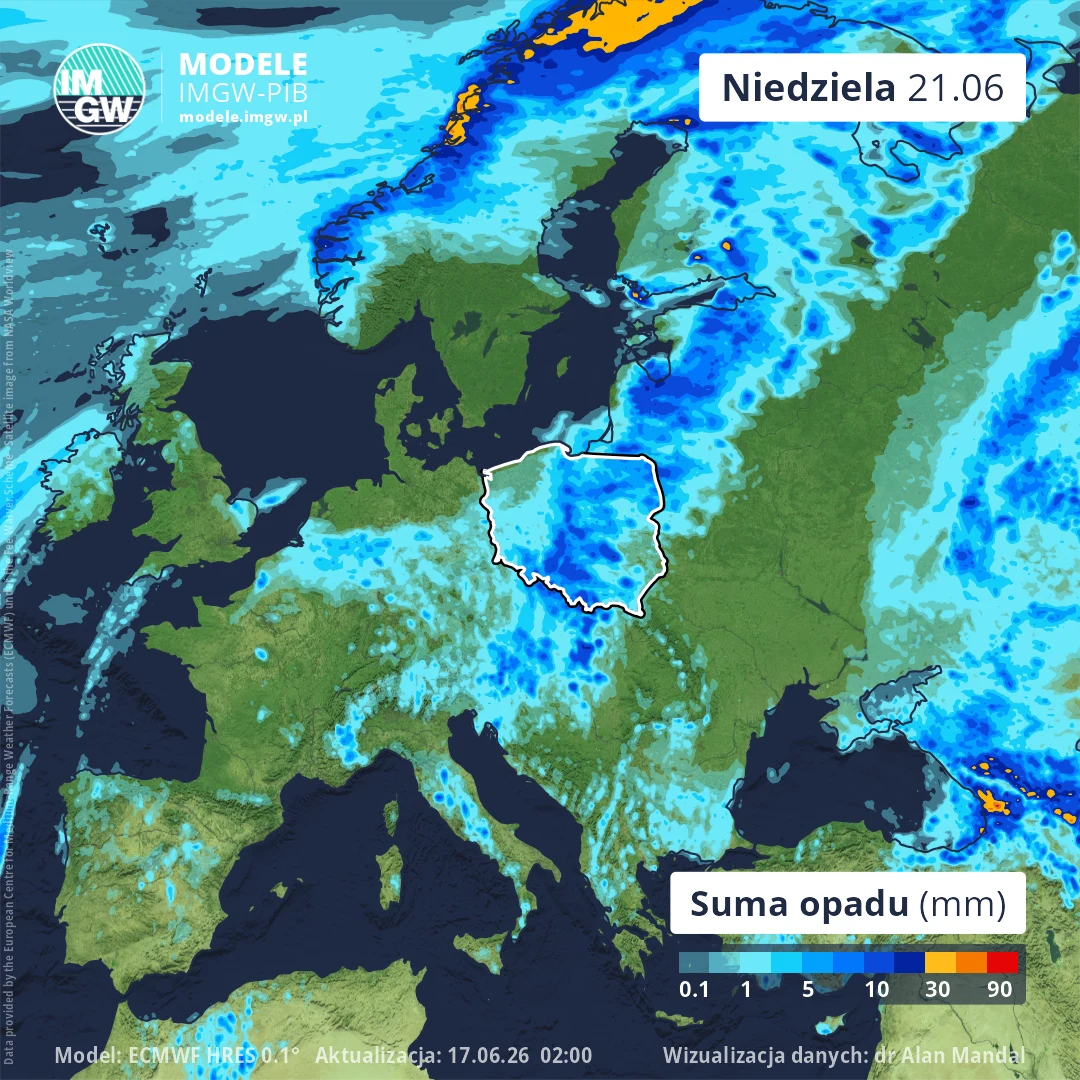 Mapa Europy Środkowej z akcentem na Polskę, ilustrująca rozmieszczenie opadów atmosferycznych według skali kolorystycznej – największe sumy opadu widoczne we wschodniej i północnej części kontynentu oraz w granicach północno-wschodniej Polski.