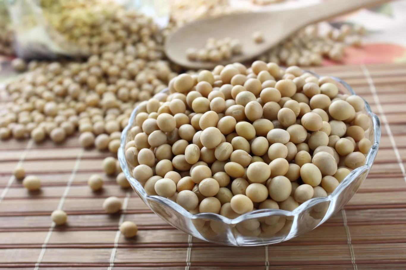 Nasiona soi nazywane także fasolkami poddawane są procesowi fermentacji. Tak powstaje natto Szklana miska wypełniona ziarnami soi ustawiona na bambusowej macie, w tle rozrzucone ziarna i drewniana łyżka.