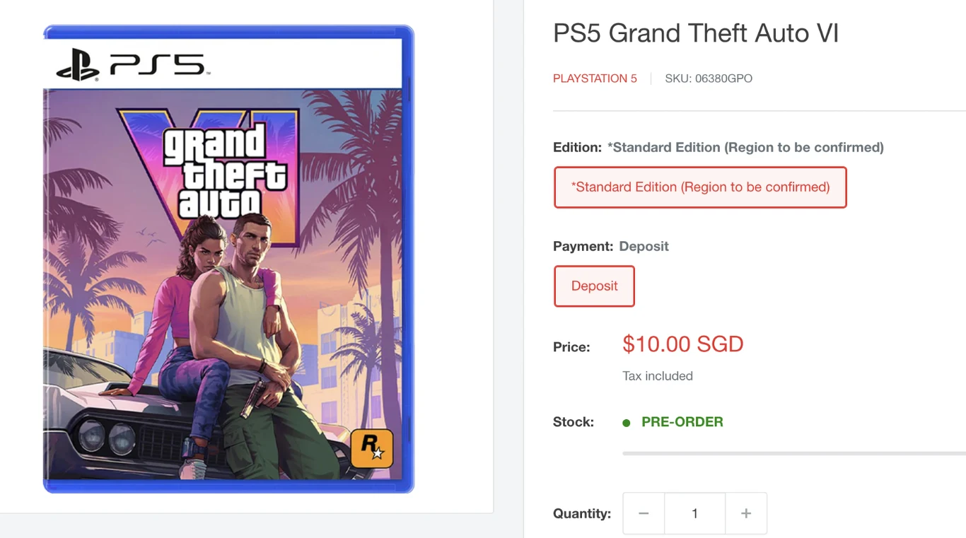 Okładka gry Grand Theft Auto VI na PlayStation 5 z dwójką głównych bohaterów stojących przed czarnym samochodem na tle palm i zachodu słońca, obok informacje o przedsprzedaży i cenie gry.