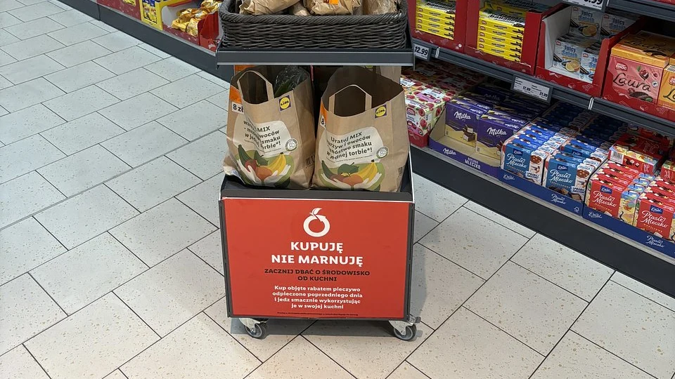 W Lidlu za 8 zł można kupić tajemnicze torby z zakupami. O co chodzi? Stojak z papierowymi torbami „Kupuję nie marnuję” w sklepie Lidl obok regałów z produktami spożywczymi.