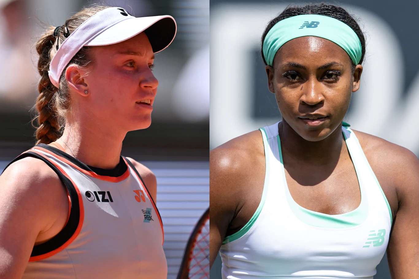 Jelena Rybakina i Coco Gauff Dwie tenisistki ubrane w stroje sportowe, patrzące poważnie w kierunku obiektywu, z widocznym skupieniem na twarzach.