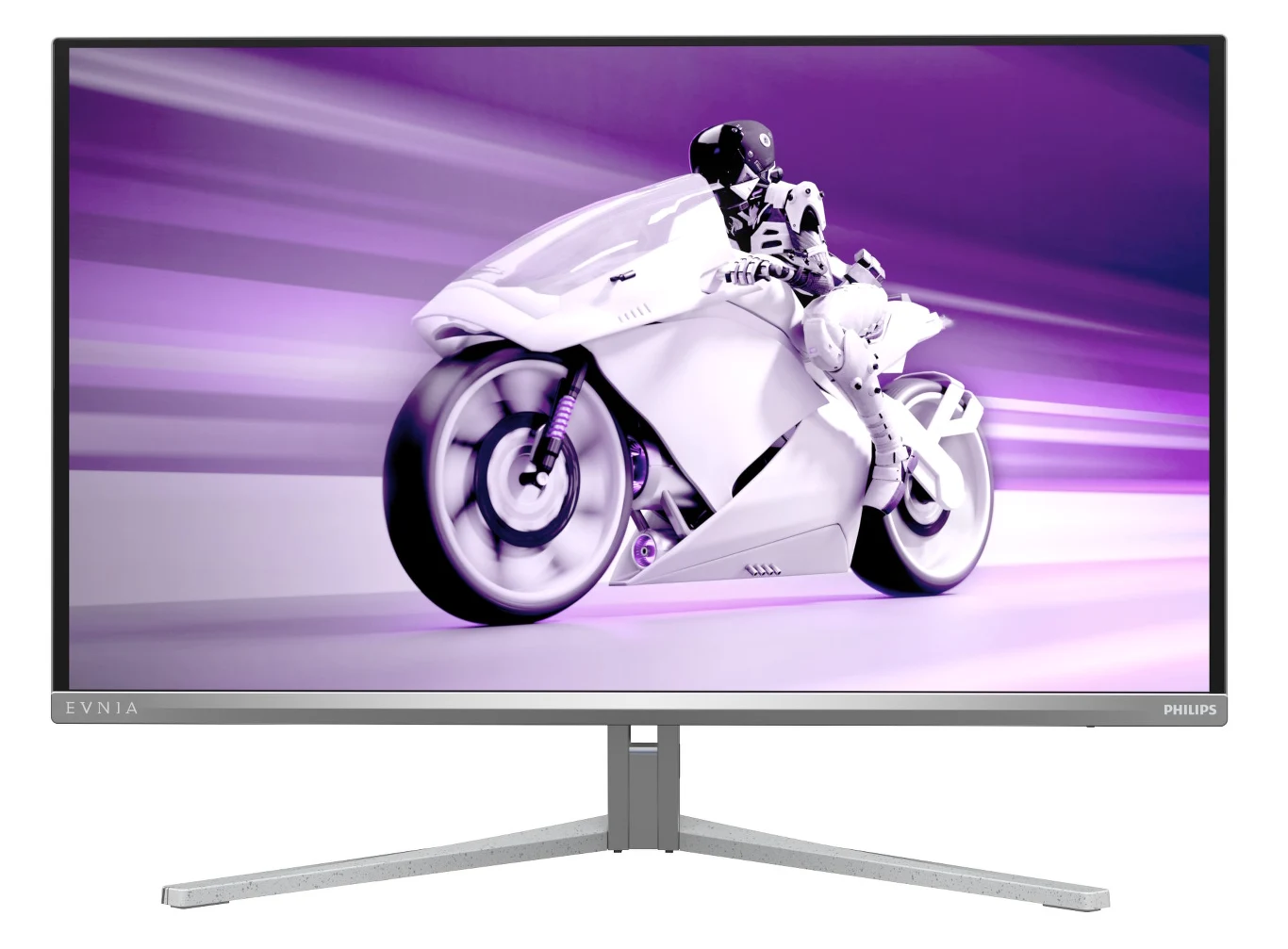 Monitor komputerowy Philips Evnia z cienkimi ramkami, wyświetlający dynamiczną grafikę motocyklisty na futurystycznym motocyklu, utrzymaną w fioletowych i białych odcieniach.