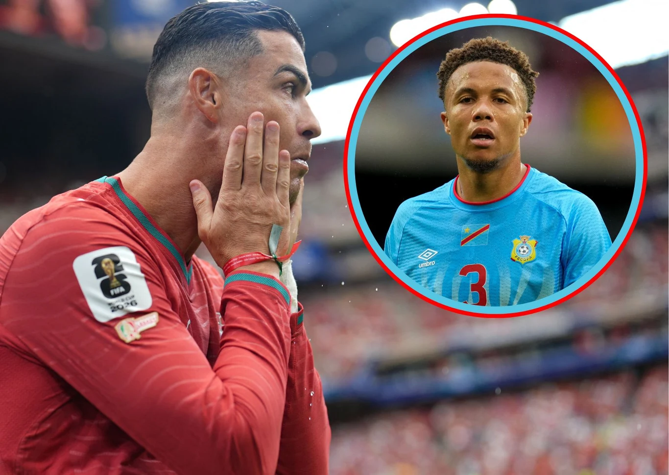 Piłkarz reprezentacji Portugalii w czerwonym stroju trzyma dłoń przy twarzy na tle stadionu, w okrągłej ramce widoczna sylwetka zawodnika w błękitnej koszulce z numerem 3.