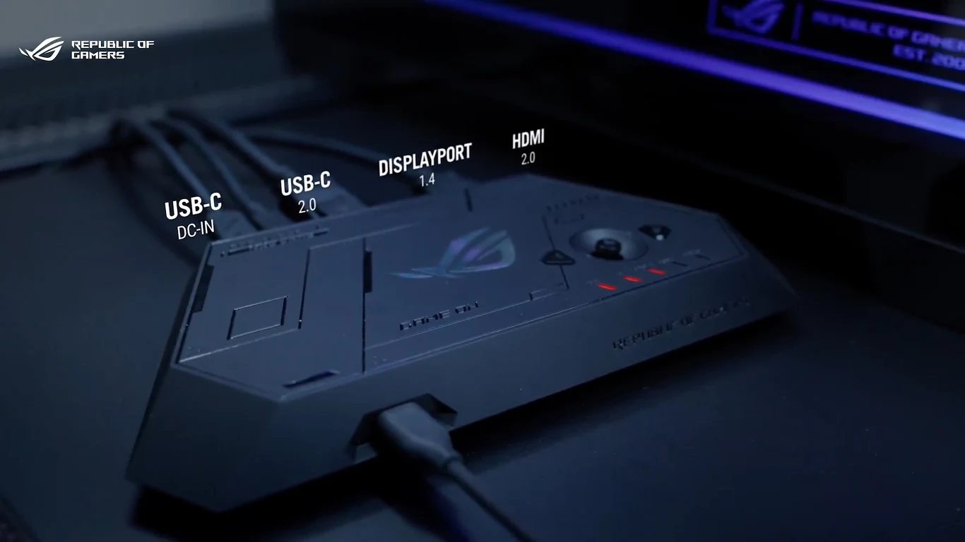 Panel sterowania z logo Republic of Gamers wyposażony w złącza USB-C DC IN, USB-C 2.0, DisplayPort 1.4 oraz HDMI 2.0, z widocznymi podłączonymi kablami.