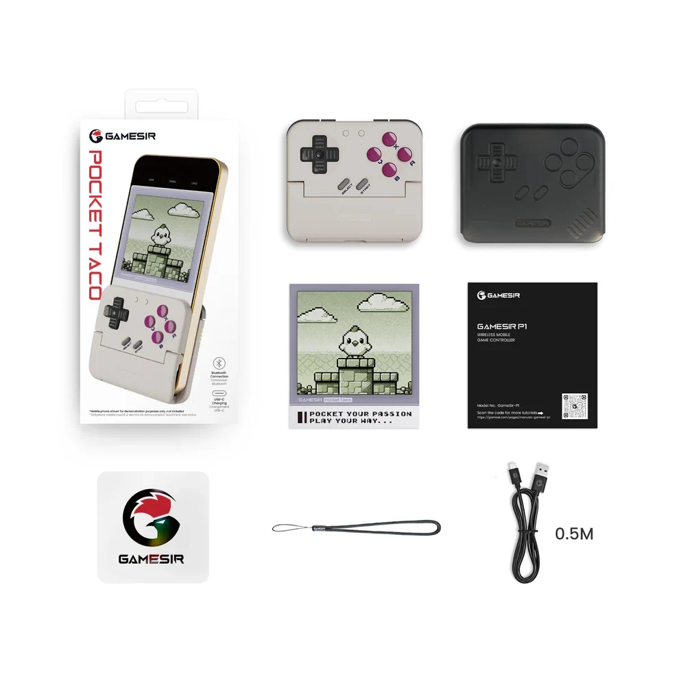 GameSir Pocket Taco Zestaw zawiera retro konsolę do gier GameSir Pocket Taco w dwóch wariantach kolorystycznych, kolorowe pudełko, instrukcję obsługi, kartę Gamesir, smycz oraz kabel USB o długości 0,5 metra.