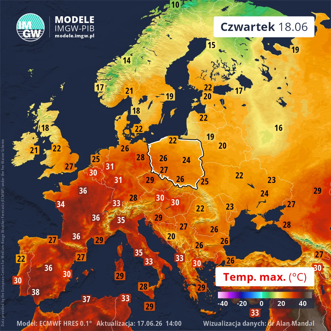 Mapa Europy prezentująca maksymalne prognozowane temperatury powietrza na 18 czerwca, z najwyższymi wartościami sięgającymi 37°C w południowej Hiszpanii, południowej Francji i północnych Włoszech oraz niższymi temperaturami na północy i wschodzie konty...