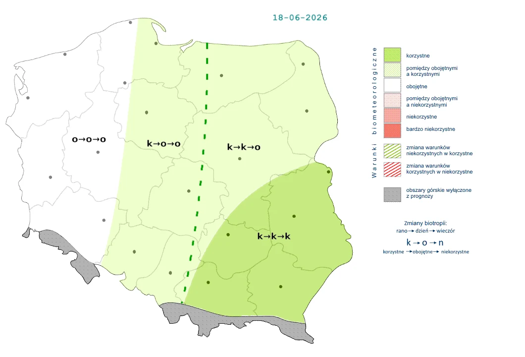 Wyż Falk sprawi, że w ciągu dnia w wielu miejscach warunki będą korzystne Mapa Polski z zaznaczonymi strefami korzystnych i niekorzystnych warunków biometeorologicznych, podzielona na obszary o różnej intensywności barwami zieleni, z wyraźnie zaznaczoną linią graniczną przebiegającą przez centralną część kraju oraz legendą w...
