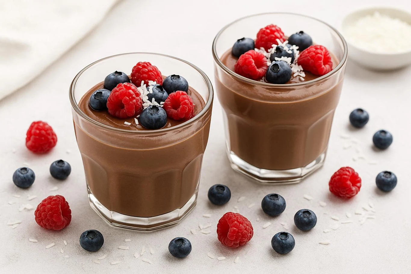 Pudding jaglano-kokosowy Mateusza Gesslera Dwa szklane pucharki z puddingiem jaglano-kokosowym, ozdobione malinami, borówkami i wiórkami kokosowymi.