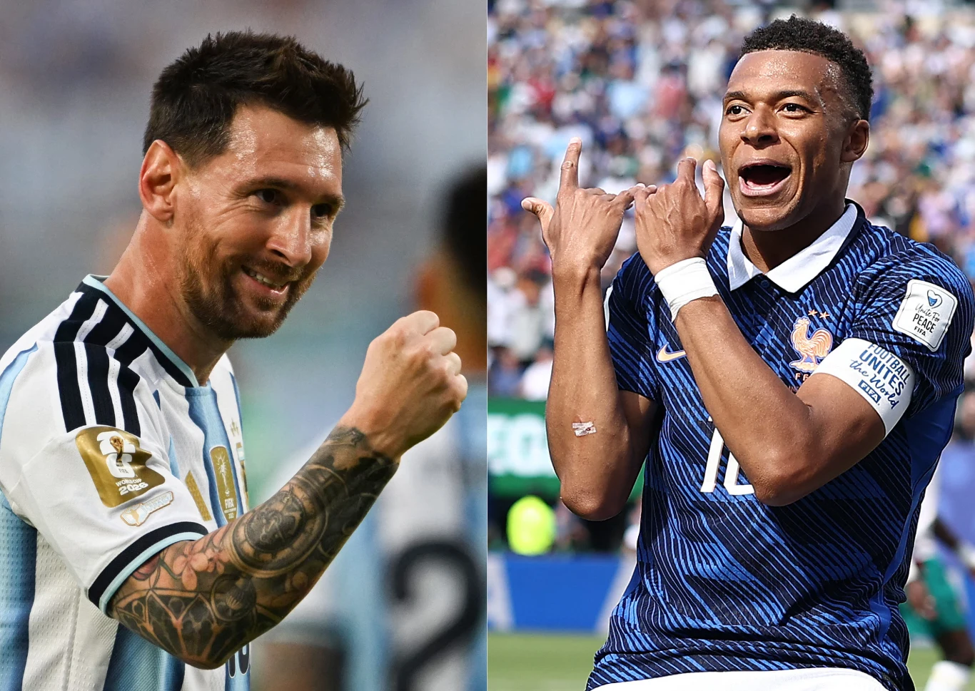 Leo Messi i Kylian Mbappe zachwycili w pierwszej kolejce Leo Messi w stroju Argentyny z uniesioną pięścią i Kylian Mbappe w stroju Francji na stadionie
