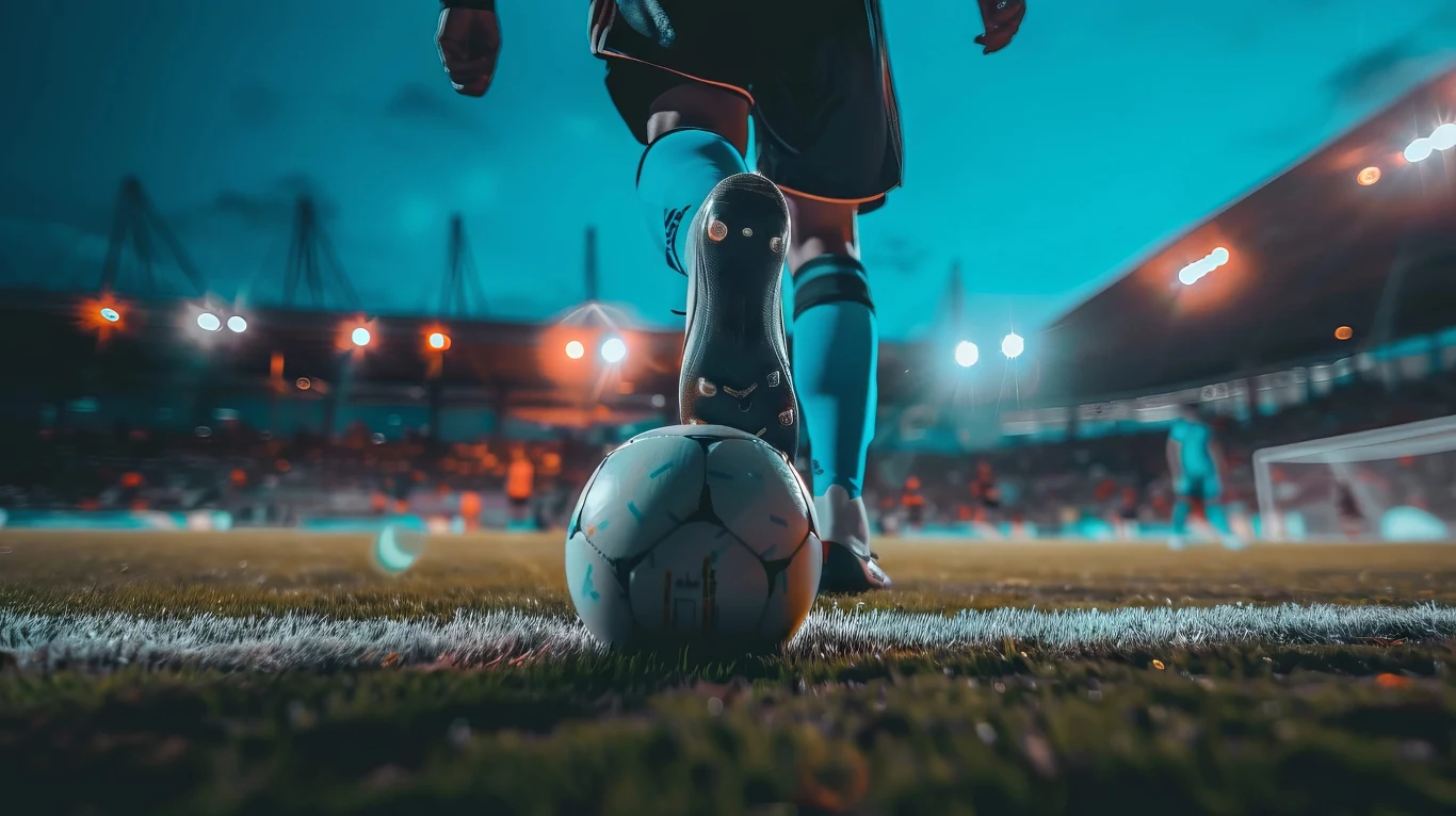 Piłkarz w niebieskich getrach przygotowuje się do kopnięcia piłki na oświetlonym stadionie podczas meczu nocą.