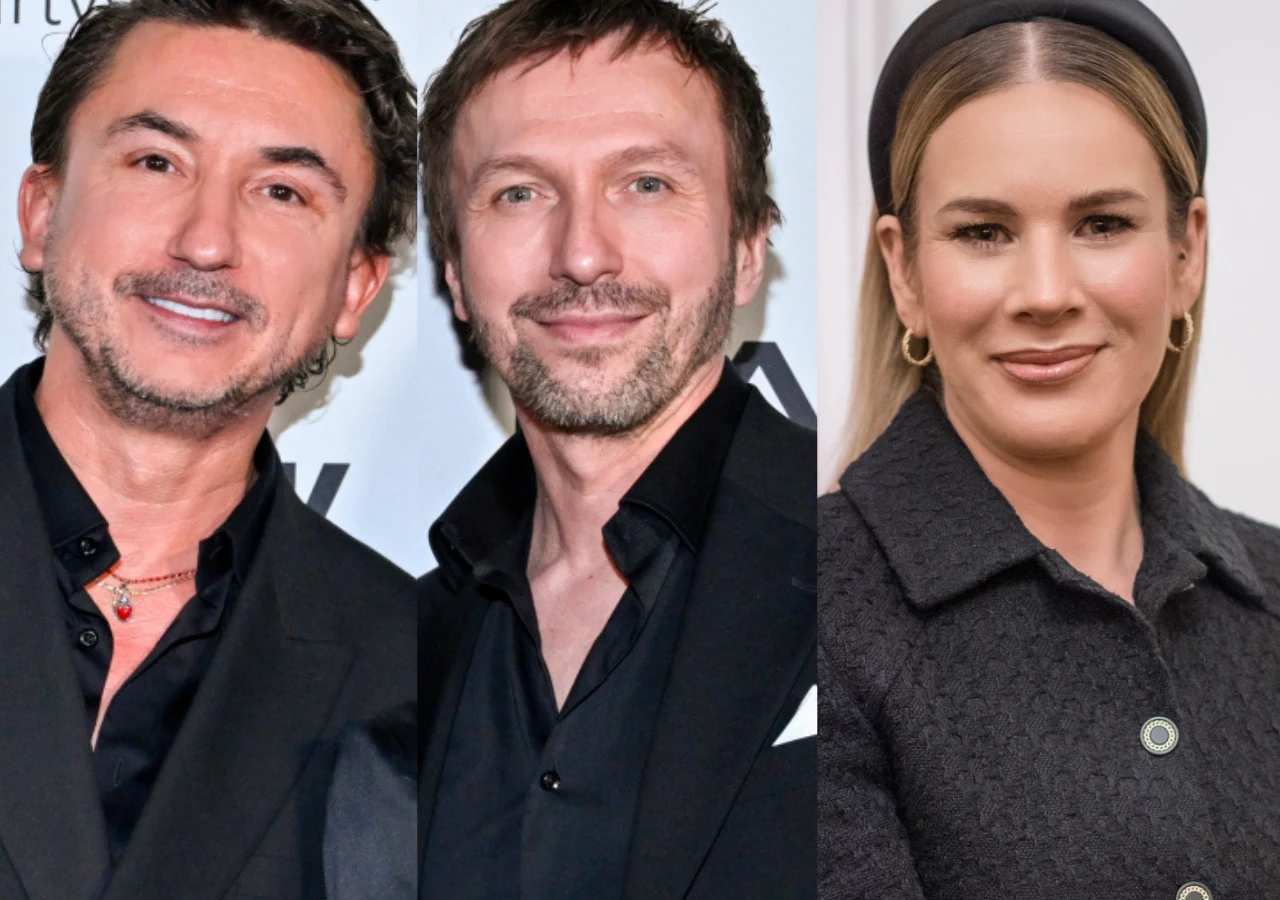 Marcin Paprocki, Mariusz Brzozowski, Marta Nawrocka Marcin Paprocki, Mariusz Brzozowski oraz Marta Nawrocka w eleganckich strojach pozujący na jasnym tle.