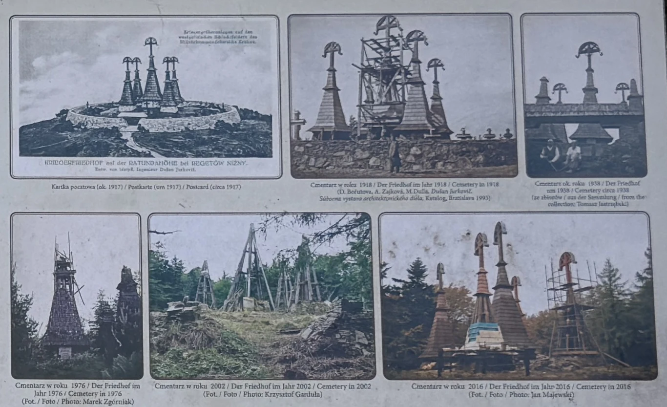 Zestawienie fotografii i ilustracji dokumentujących zmiany wyglądu cmentarza wojennego na wzgórzu Rotunda, w tym charakterystycznych, wysokich drewnianych wież oraz elementów konstrukcyjnych, na przestrzeni lat od początku XX wieku do współczesności.