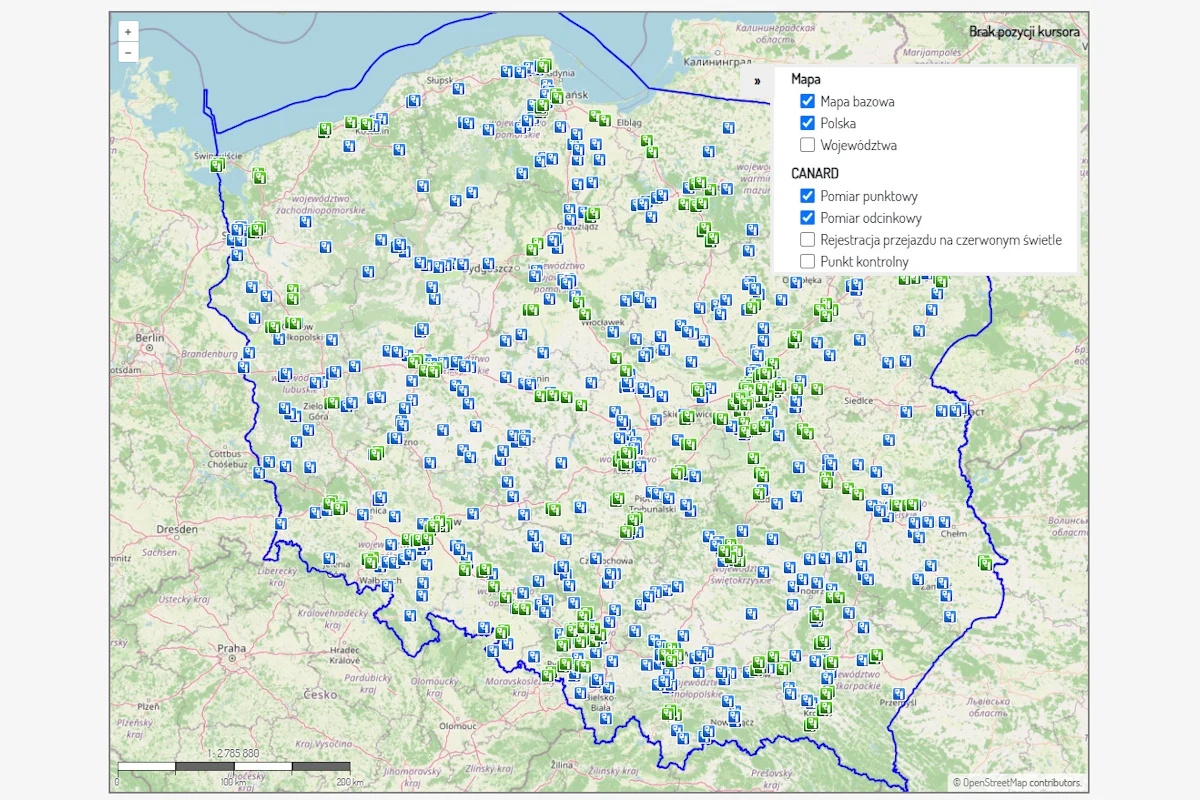 Mapa Polski z oznaczeniami lokalizacji punktów pomiaru prędkości oraz punktów kontrolnych rozmieszczonych na terenie całego kraju, podzielonych na poszczególne województwa.