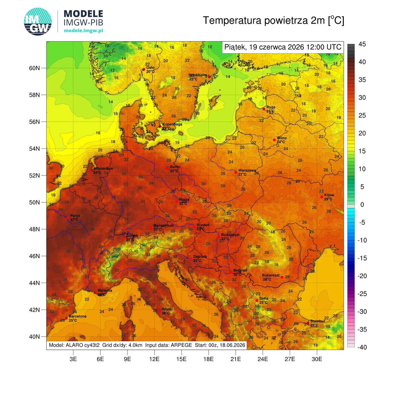 Mapa Europy Środkowej i Południowej z kolorystycznym oznaczeniem wysokich temperatur powietrza, dominujące wartości powyżej 30°C na większości obszaru, szczególnie w Niemczech, Polsce, Francji, Włoszech oraz na Bałkanach.