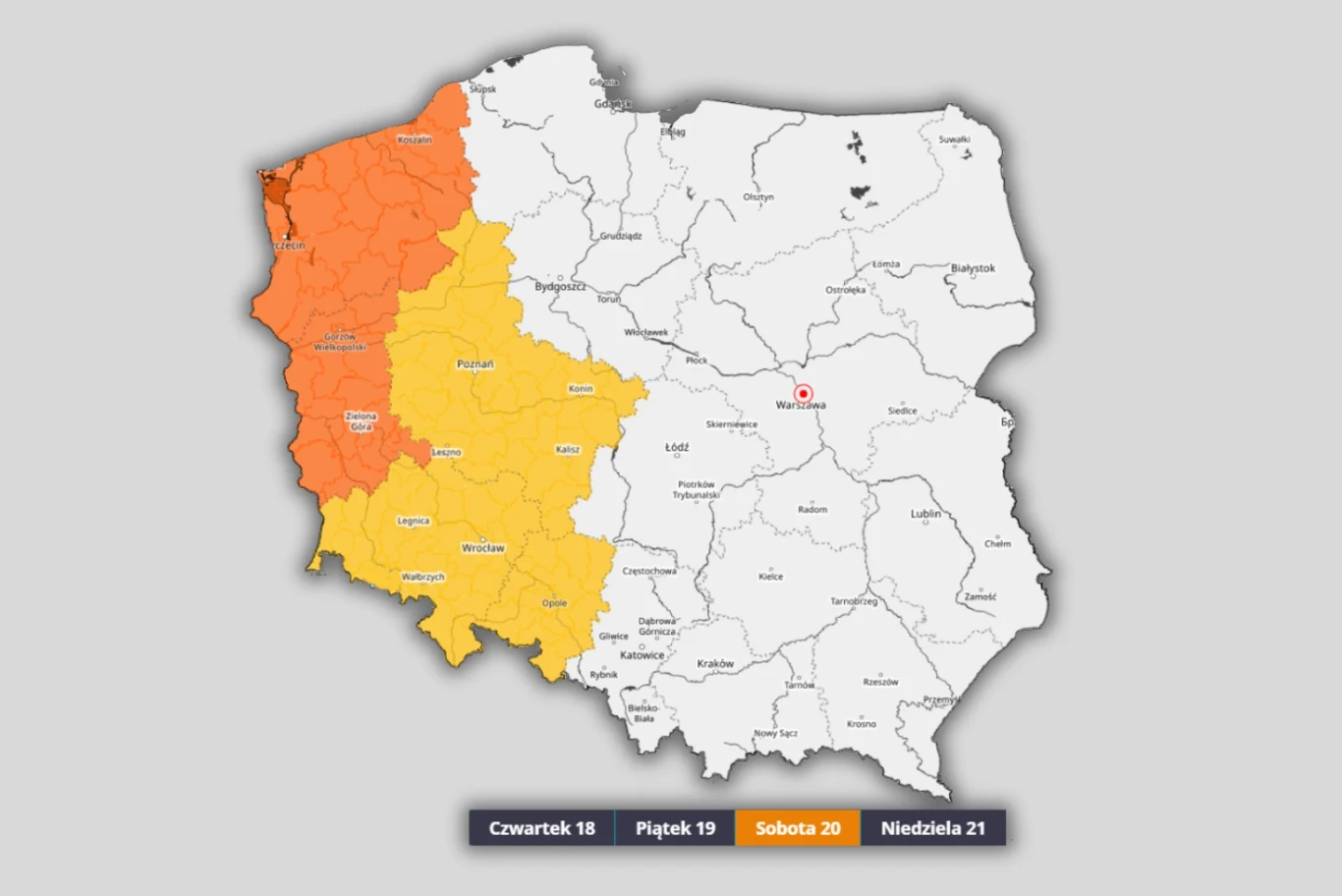 Mapa Polski z wyróżnionymi zachodnimi województwami w dwóch odcieniach pomarańczu, sugerującymi różne stopnie ostrzeżeń pogodowych, oraz legendą na dole z datami dni tygodnia.