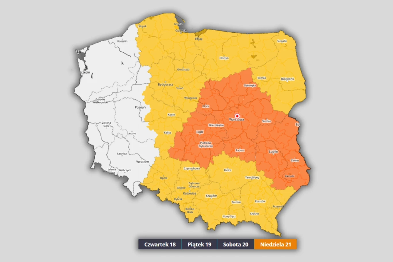 Mapa Polski z zaznaczonymi województwami objętymi ostrzeżeniami meteorologicznymi, gdzie centralna i południowo-wschodnia część kraju wyróżniona jest kolorem pomarańczowym, a pozostała część środkowej oraz północno-wschodniej Polski – kolorem żółtym, n...