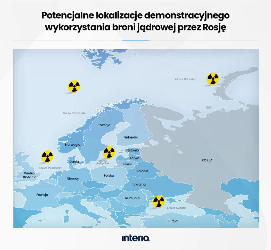 Mapa Europy i części Azji z oznaczeniem pięciu potencjalnych lokalizacji demonstracyjnego użycia broni jądrowej przez Rosję, oznaczonych żółto-czarnymi symbolami promieniowania na Morzu Norweskim, Morzu Barentsa, nad Polską, na południu Ukrainy oraz w ...
