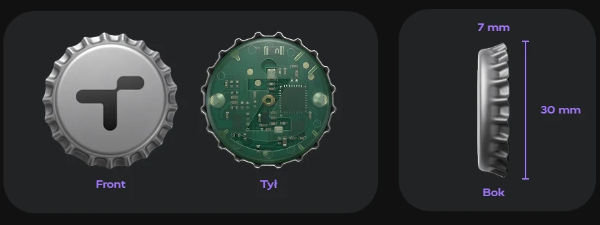 Metalowy kapsel z wytłoczonym symbolem z przodu, płytką z obwodami drukowanymi z tyłu; na boku widoczne są wymiary: 7 mm grubości i 30 mm średnicy.