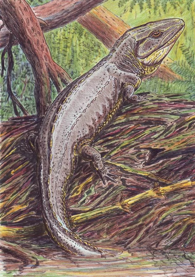 Proterogyrinus był dużym zwierzęciem drapieżnym z epoki karbonu Duży gad o wydłużonym ciele i masywnej głowie wspina się po powalonych, porośniętych mchem konarach w gęstym, zielonym otoczeniu lasu.