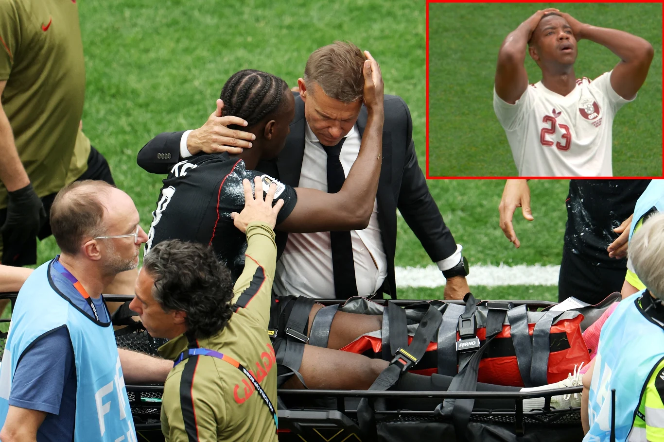 MŚ 2026: Ismael Kone z poważną kontuzją po faulu Assima Madibo Ismael Kone leży na noszach po kontuzji na MŚ 2026, otoczony przez sztab i piłkarzy, Madibo trzyma się za głowę.