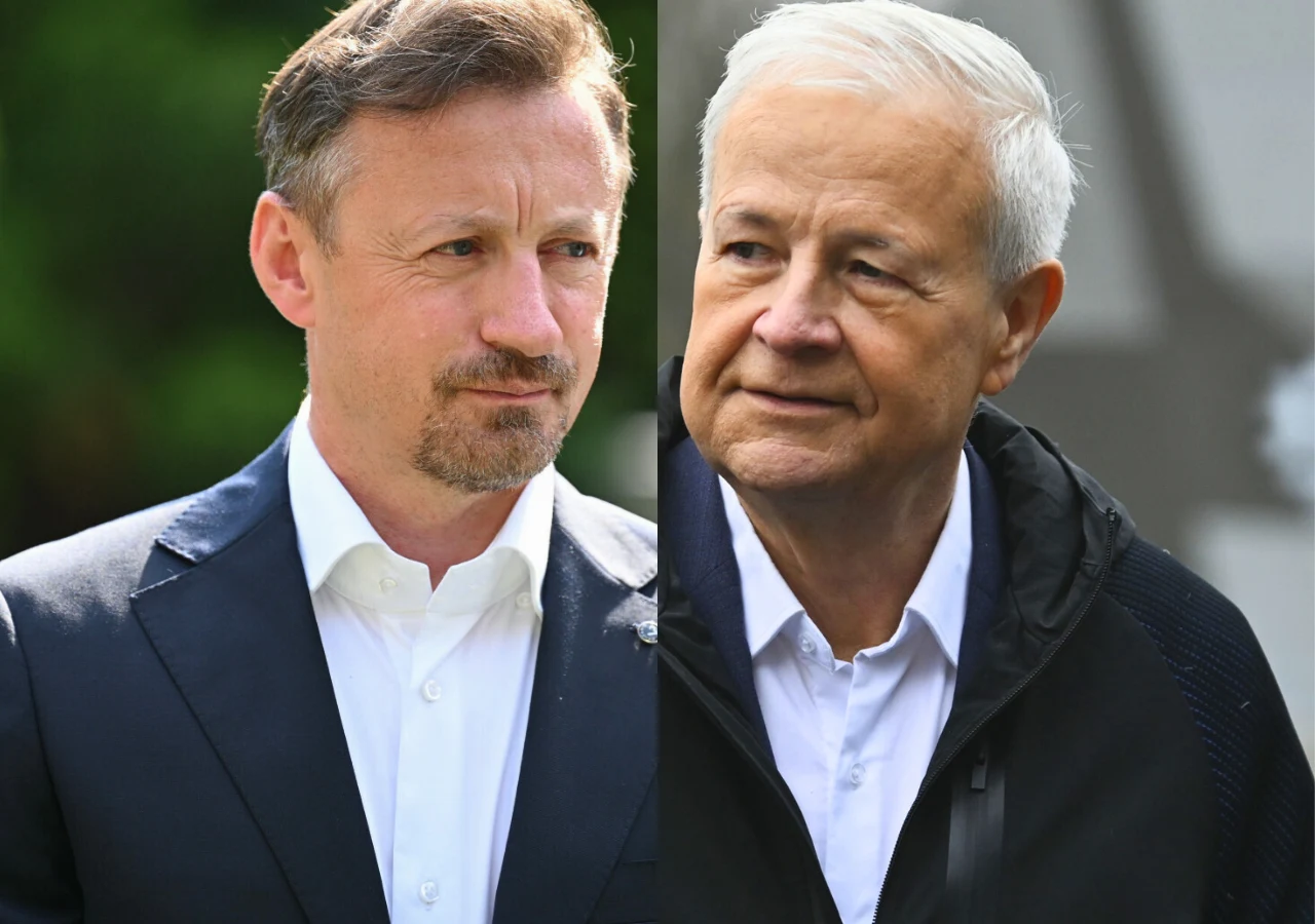 Dwóch mężczyzn w średnim wieku, jeden w garniturze z białą koszulą, drugi w sportowej kurtce i białej koszuli, obaj patrzą w przeciwnych kierunkach.