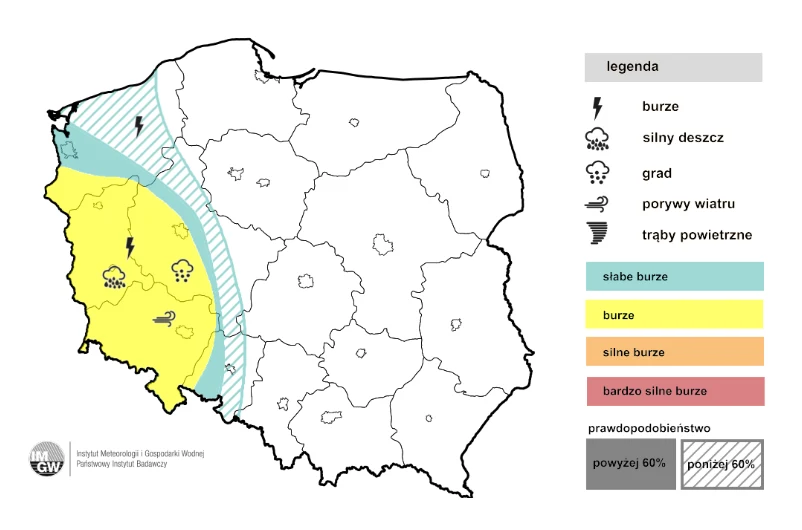 Mapa Polski z zaznaczonym na żółto i niebiesko-paskowanym tle zachodnim regionem kraju, gdzie prognozowane są burze o różnym natężeniu, silny deszcz i porywy wiatru według legendy po prawej stronie.
