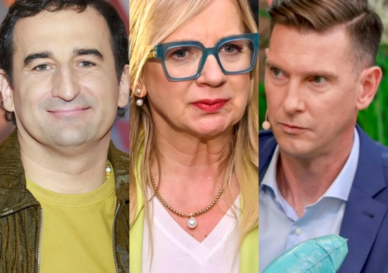 Michał Koterski, Marzena Rogalska, Łukasz Kadziewicz Trzy osoby o poważnych minach ustawione w jednym rzędzie; na środku kobieta w okularach z niebieskimi oprawkami, po bokach mężczyźni w różnokolorowych marynarkach.