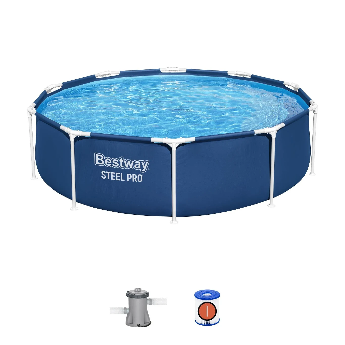 Okrągły, niebieski basen stelażowy Bestway Steel Pro z wodą, w zestawie pompa filtrująca i dozownik chemii basenowej.