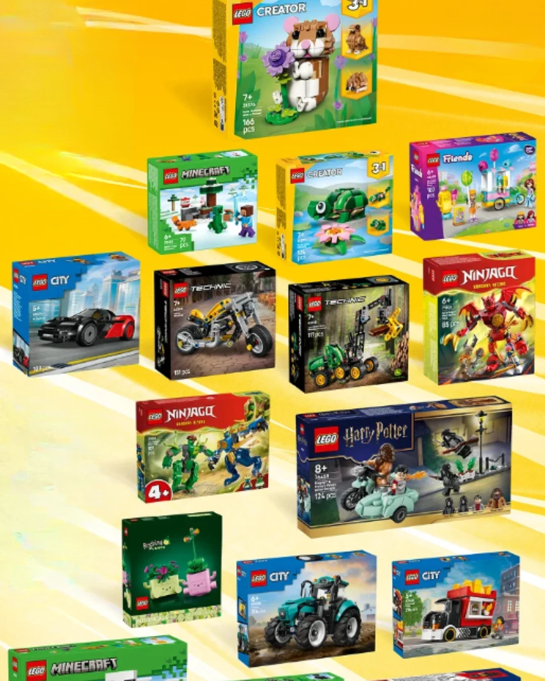 Kolorowe pudełka różnych zestawów LEGO, w tym serie City, Ninjago, Minecraft, Harry Potter, Friends i Creator, ustawione w nieregularnym układzie na żółtym tle.