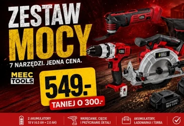 Zestaw narzędzi akumulatorowych MEEC TOOLS — wiertarka, pilarka, urządzenie wielofunkcyjne, 2 akumulatory i torba