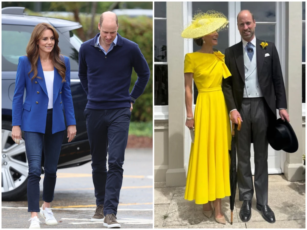 Księżna Kate, książę William, fot. https://www.instagram.com/princeandprincessofwales/ Para w dwóch różnych stylizacjach: po lewej ubrane swobodnie, ona w niebieskiej marynarce i jeansach, on w granatowej bluzie i ciemnych spodniach; po prawej elegancko, ona w długiej, żółtej sukni i szerokim kapeluszu, on w smokingu z kamizelką, cylindr...