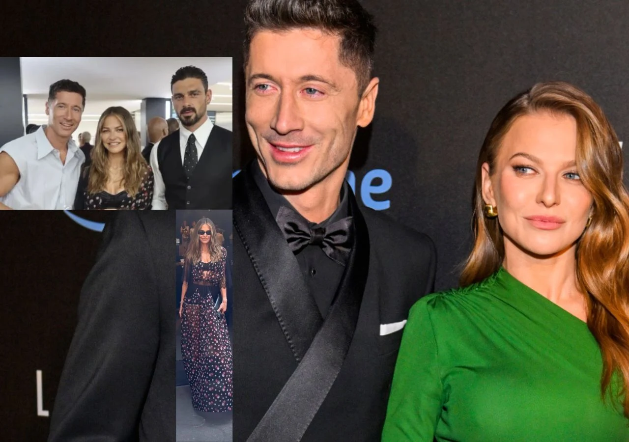 Anna i Robert Lewandowscy oraz Michele Morrone na pokazie Dolce&Gabbana Elegancka para ubrana w wieczorowe stroje pozuje razem na tle czarnej ścianki, w lewym górnym rogu widać wstawione zdjęcie grupy trzech osób oraz osobne zdjęcie kobiety w długiej sukni.