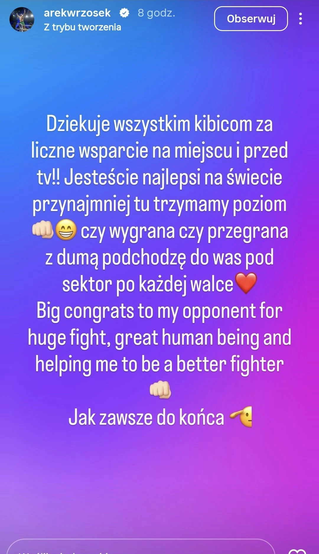 Podziękowanie skierowane do kibiców za wsparcie oraz gratulacje dla przeciwnika po walce, umieszczone na kolorowym tle z emoji i zdaniami zarówno po polsku, jak i angielsku.