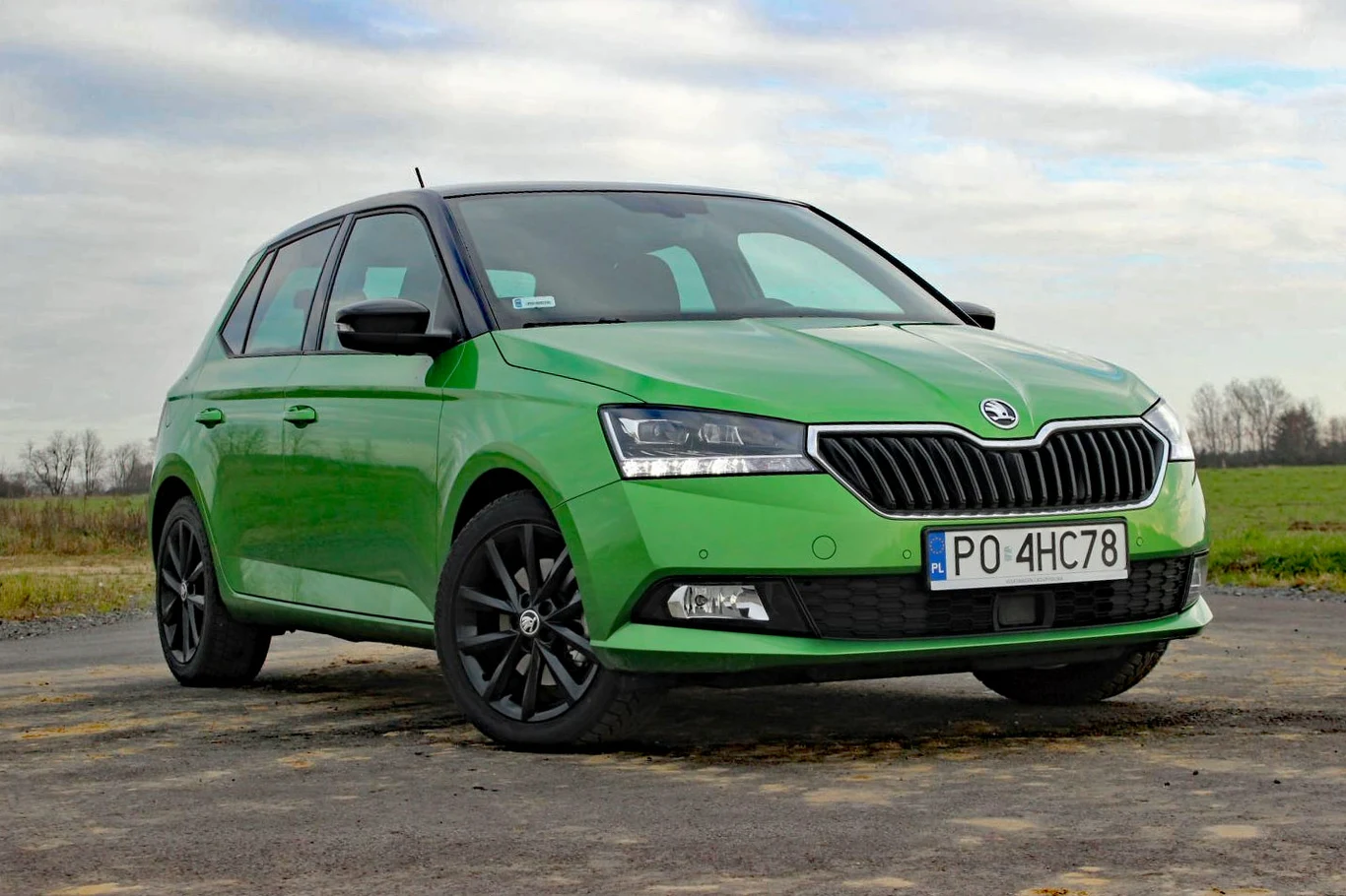 Skoda Fabia III Skoda Fabia III w zielonym kolorze, czarne felgi, na asfalcie, w tle pole i pochmurne niebo.