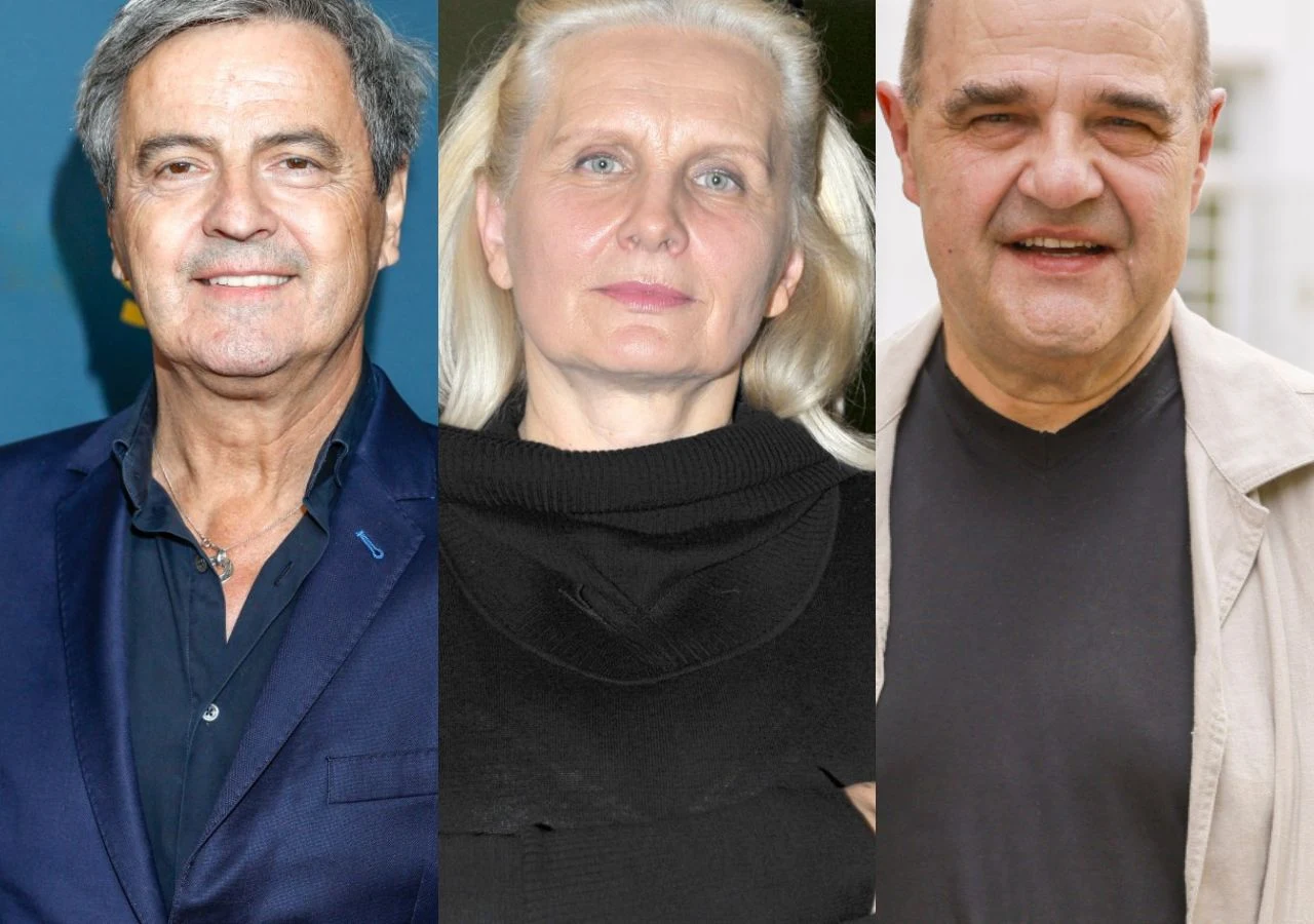 Piotr Polk, Magda Umer i Cezary Żak Piotr Polk w granatowym garniturze, Magda Umer w czarnym swetrze i Cezary Żak w t-shircie i beżowej koszuli