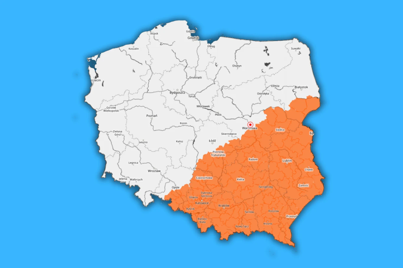 Pomarańczowe alerty IMGW z powodu burz objęły całość lub część 9 województw Mapa Polski z zaznaczeniem południowo-wschodniej części kraju w kolorze pomarańczowym, obejmującej województwa: lubelskie, podkarpackie, świętokrzyskie oraz małopolskie na tle niebieskiego tła.